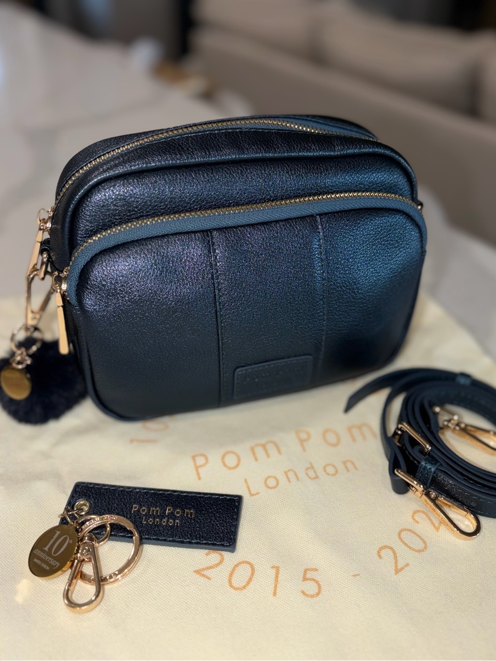 Pom Pom London Limited edition metallic blue sapphire original Crossbody bag EUC